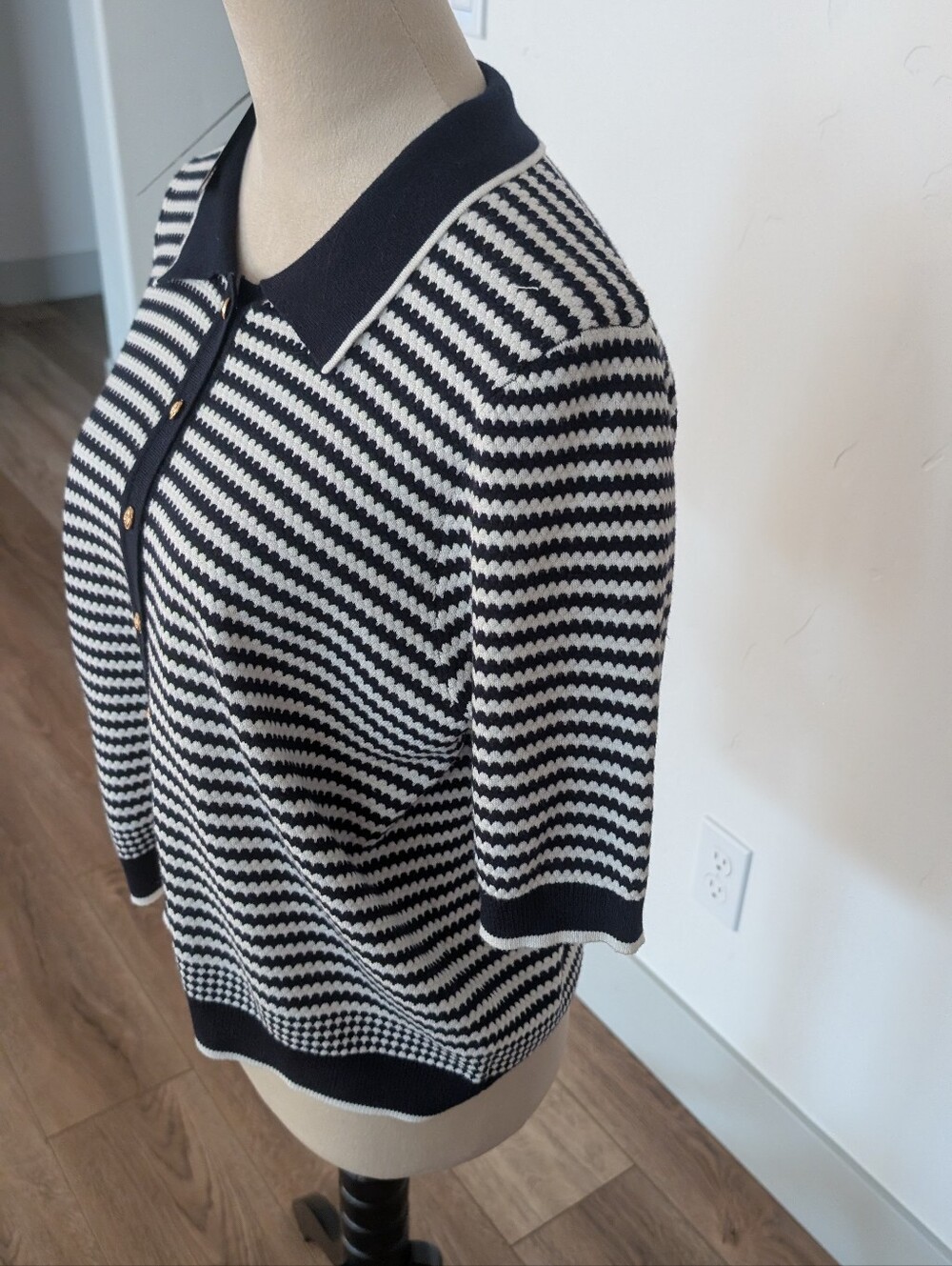 Adrianna Papell Navy and Ivory Striped Short Sleeve Cardigan - Picture 10 of 11